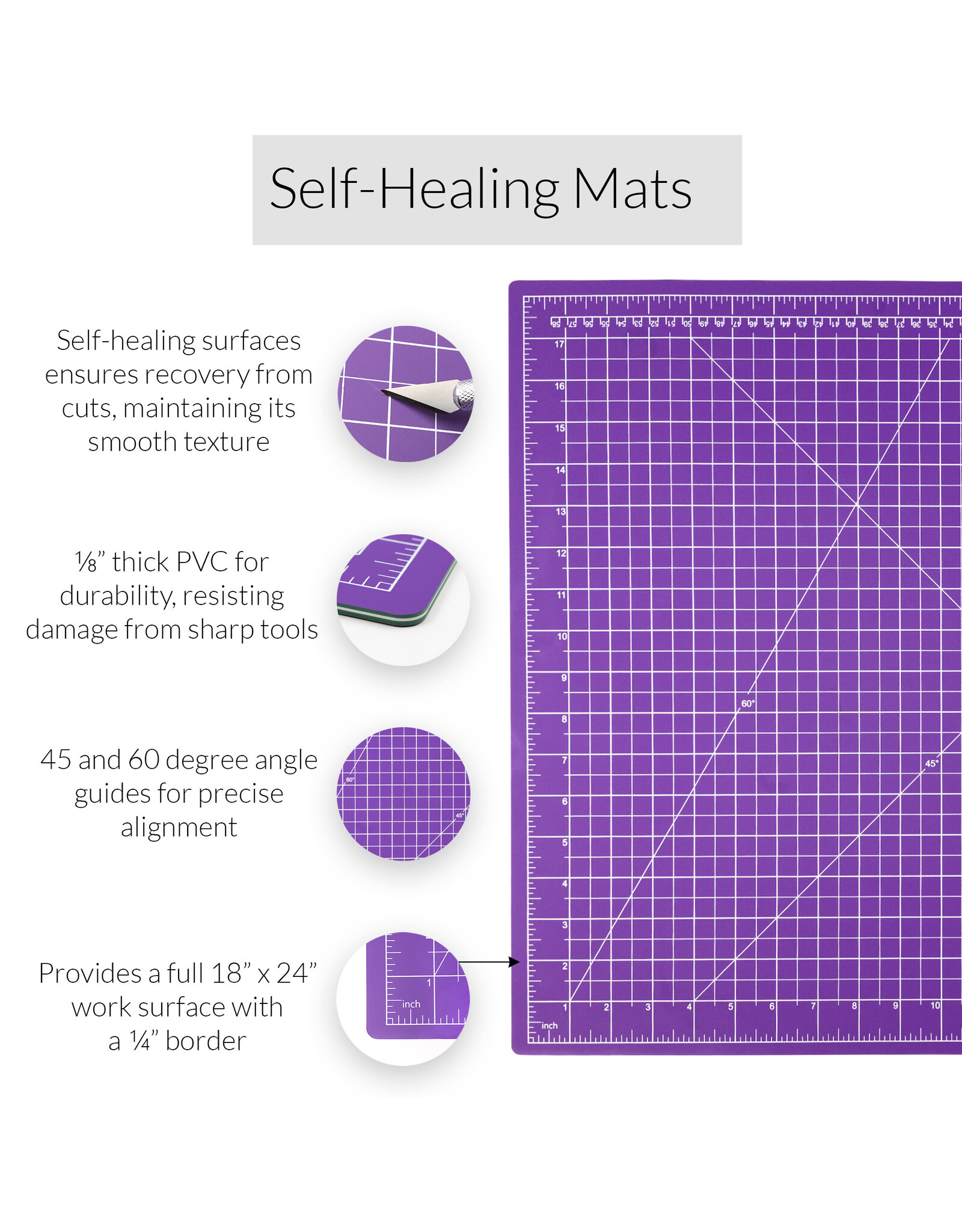 W.A. Portman WA Portman 18x24 Inch Self Healing Cutting Mat – 2-Sided 5-Ply PVC Purple/Gray Cutting Mats for Crafts with Non-Slip Surface & Precise Grid Lines