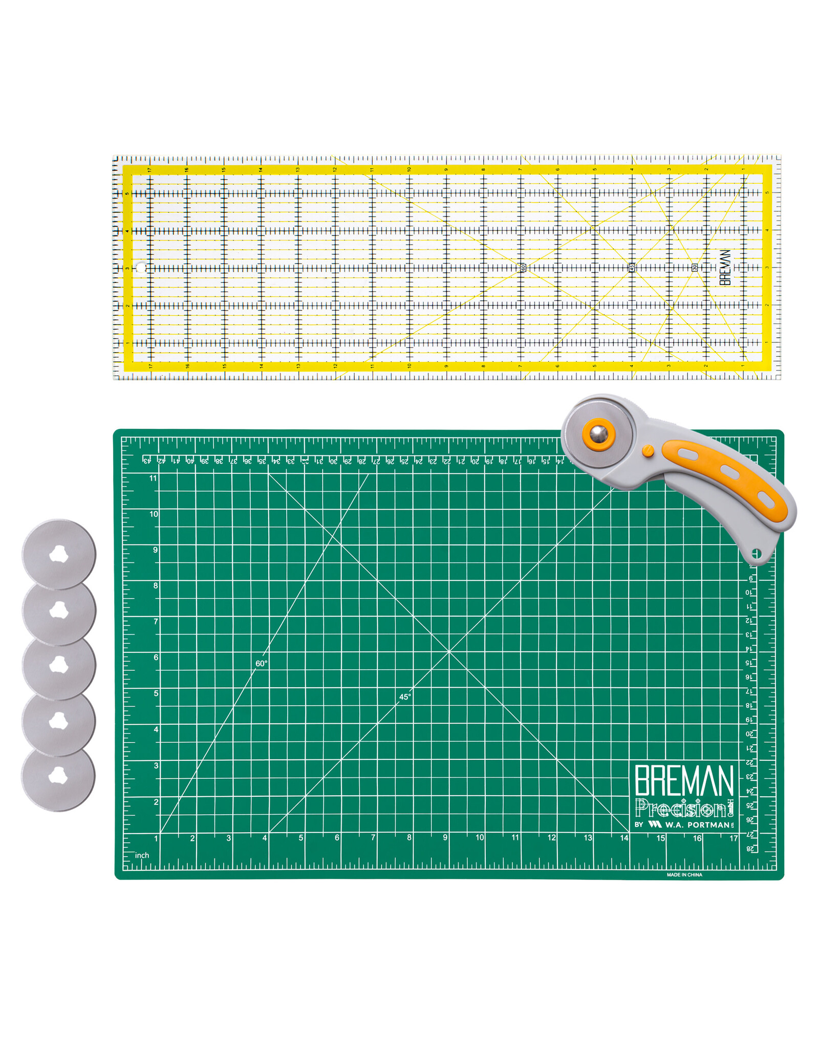 W.A. Portman WA Portman 12x18" Self Healing Cutting Mat & 45mm Rotary Cutter Set with 5 Extra Blades – 6x18 Acrylic Quilting Rulers