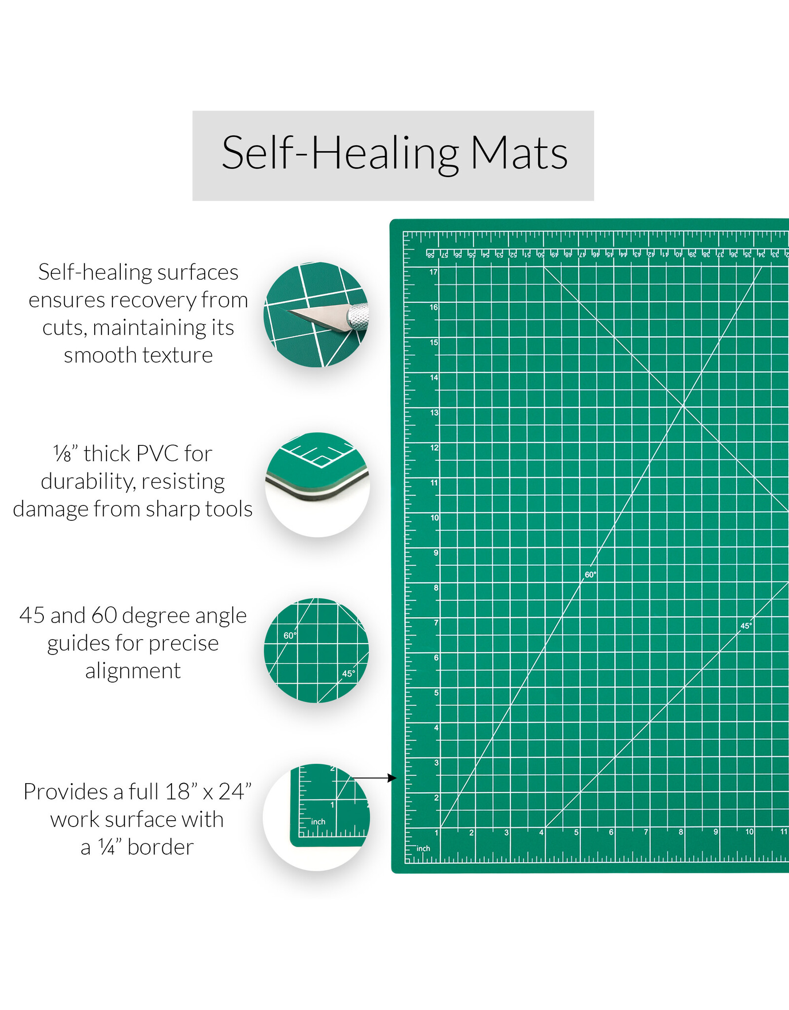 W.A. Portman WA Portman 18x24" Self Healing Cutting Mat & 45mm Rotary Cutter Set with 5 Extra Blades – 6x24 Acrylic Quilting Rulers