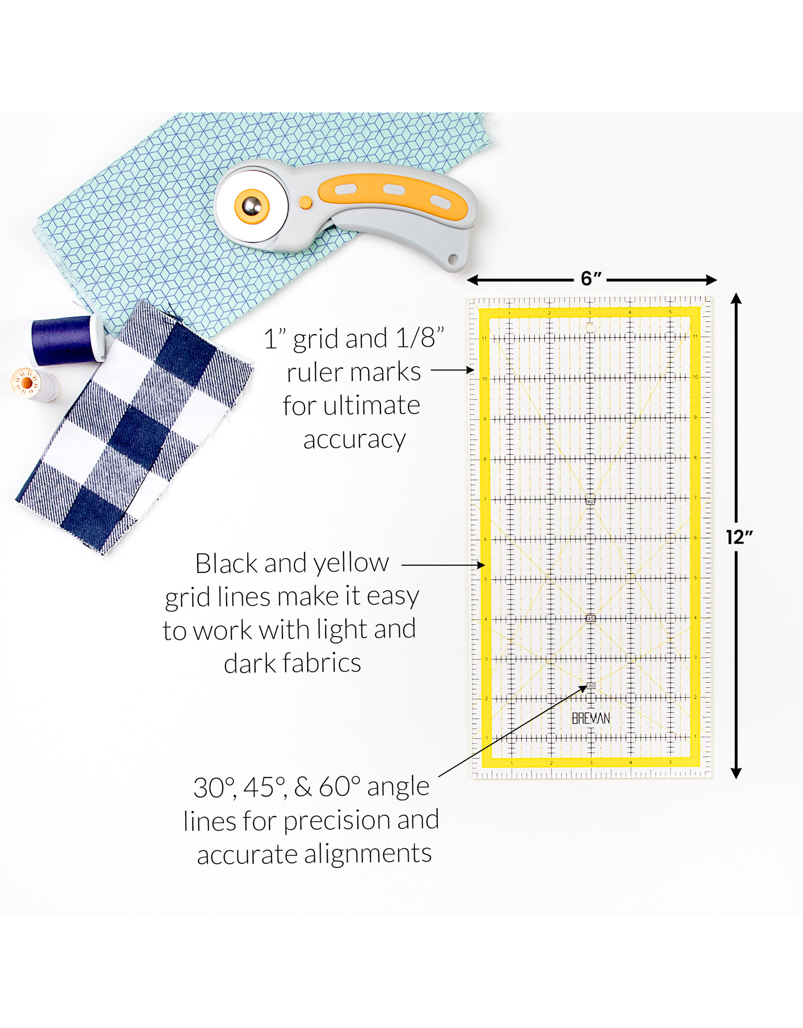 W.A. Portman Breman Precision 6x12" Quilting Rulers – Clear Acrylic Rulers for Quilting and Sewing for Left & Right-Handed Users