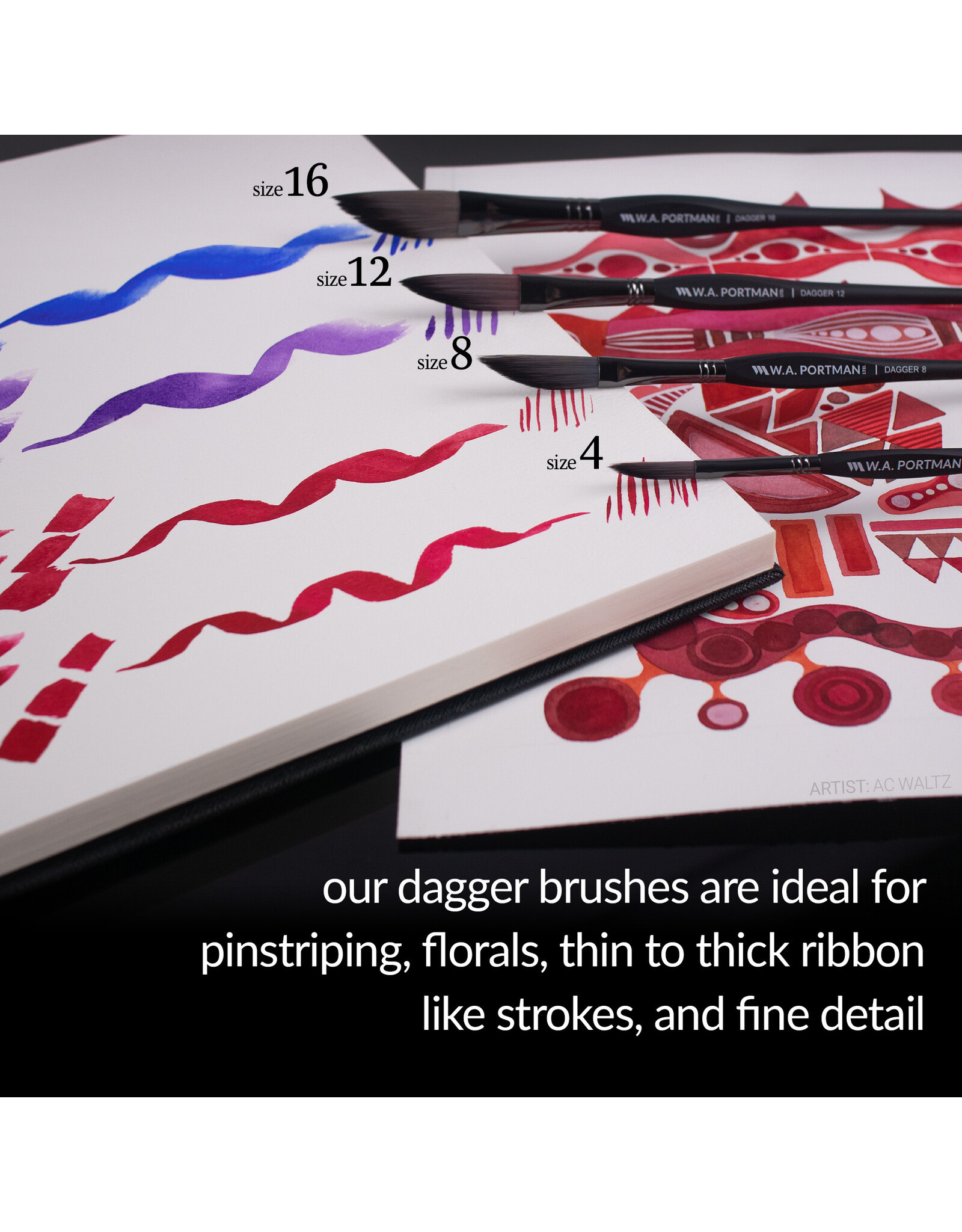 W.A. Portman WA Portman 4pc Dagger Watercolor Paint Brushes Professional Set #4, #8, #12, #16 - 100% Vegan, Cruelty-Free