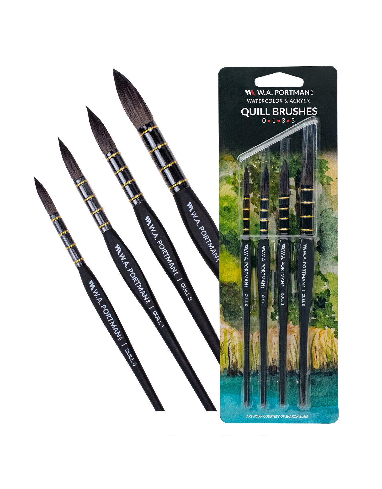 W.A. Portman WA Portman Quill Round Watercolor Brushes Professional 4pc Set #0, #1, #3, #5  – 100% Vegan, Cruelty-Free with Triangular Comfort Grip