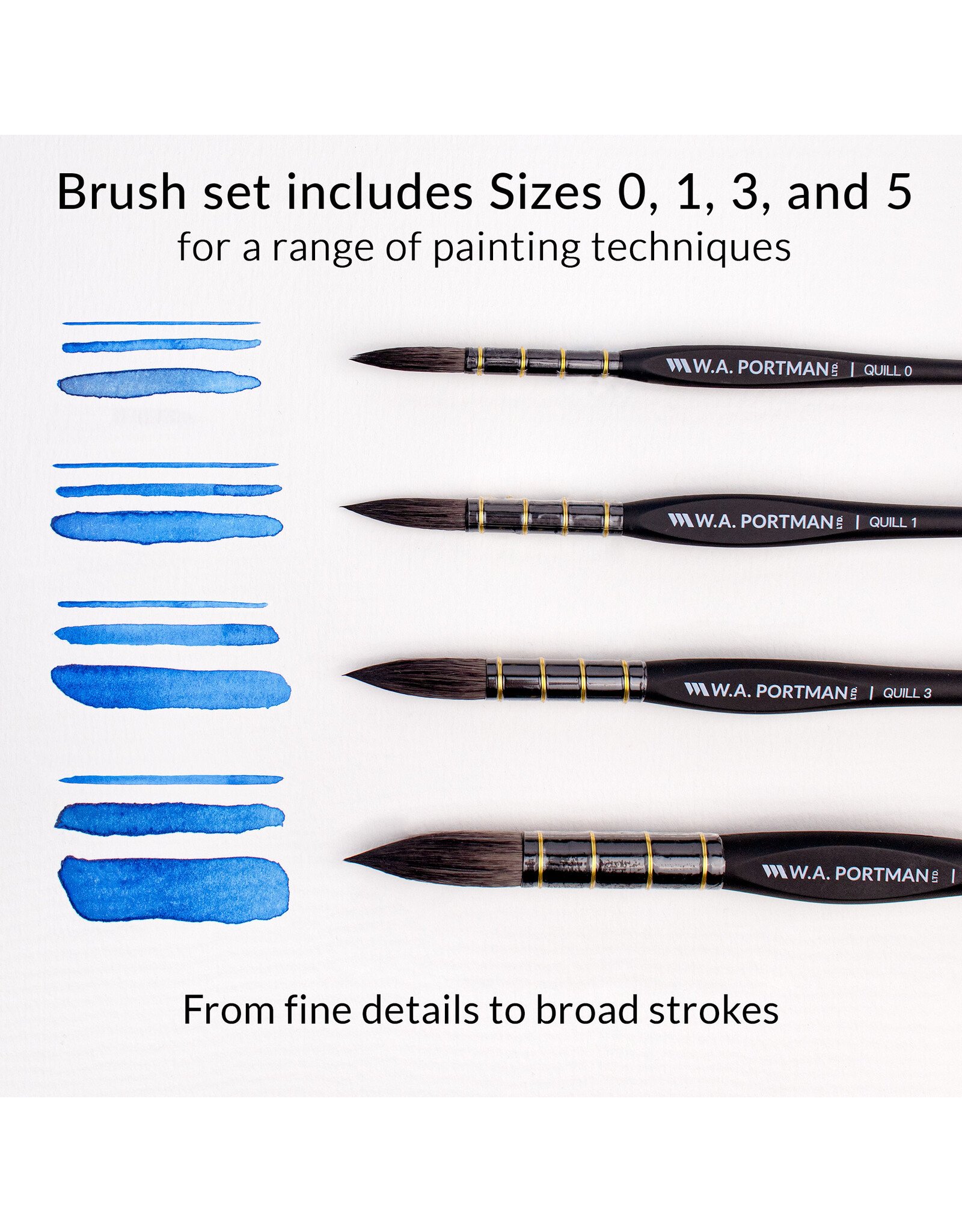 W.A. Portman WA Portman Quill Round Watercolor Brushes Professional 4pc Set #0, #1, #3, #5  – 100% Vegan, Cruelty-Free with Triangular Comfort Grip