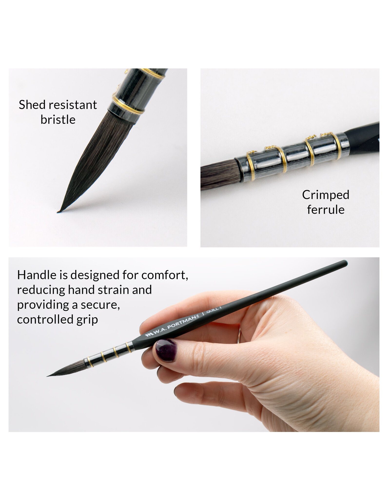 W.A. Portman WA Portman Quill Round Watercolor Brushes Professional 4pc Set #0, #1, #3, #5  – 100% Vegan, Cruelty-Free with Triangular Comfort Grip