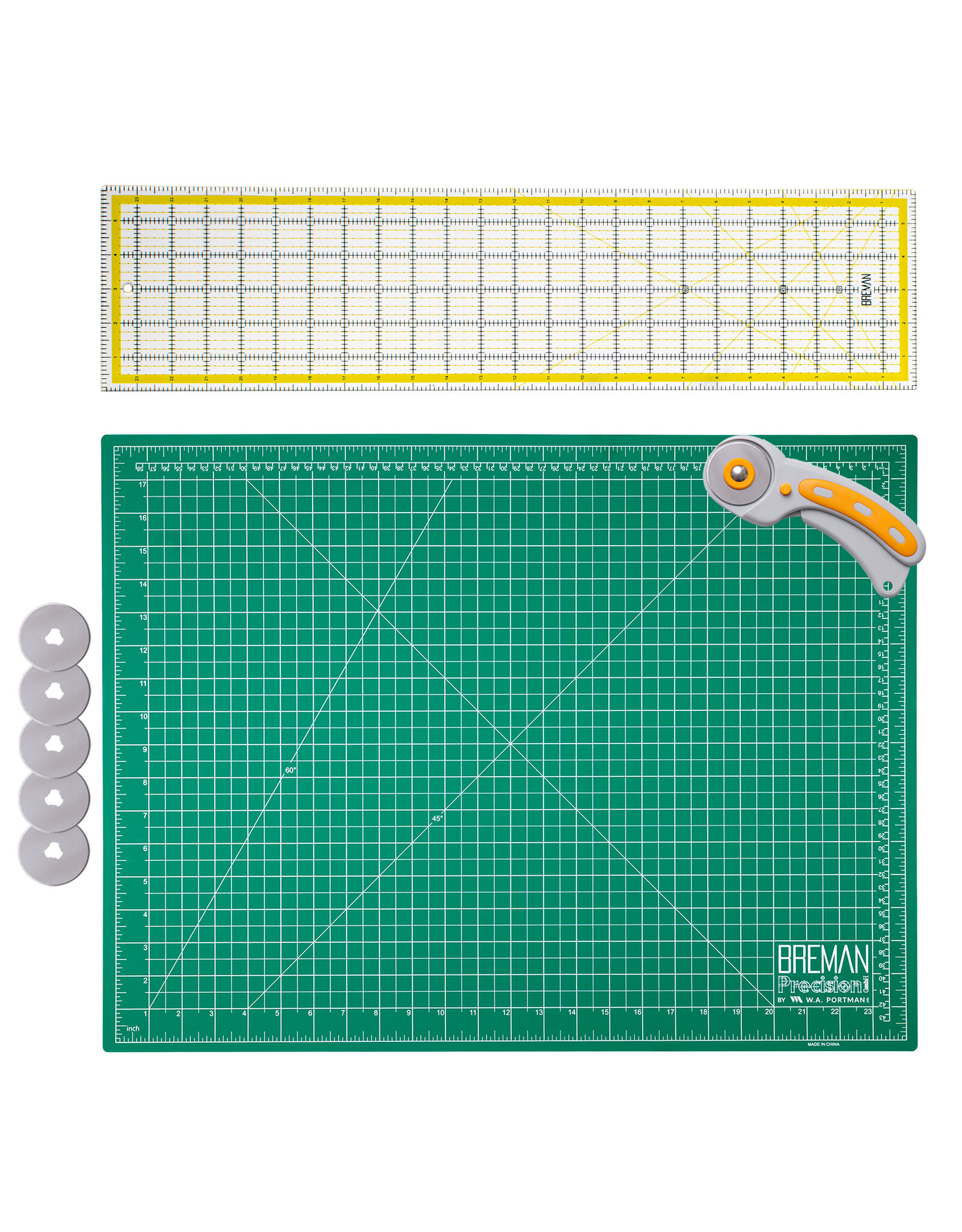 W.A. Portman WA Portman 18x24" Self Healing Cutting Mat & 45mm Rotary Cutter Set with 5 Extra Blades – 6x24 Acrylic Quilting Rulers