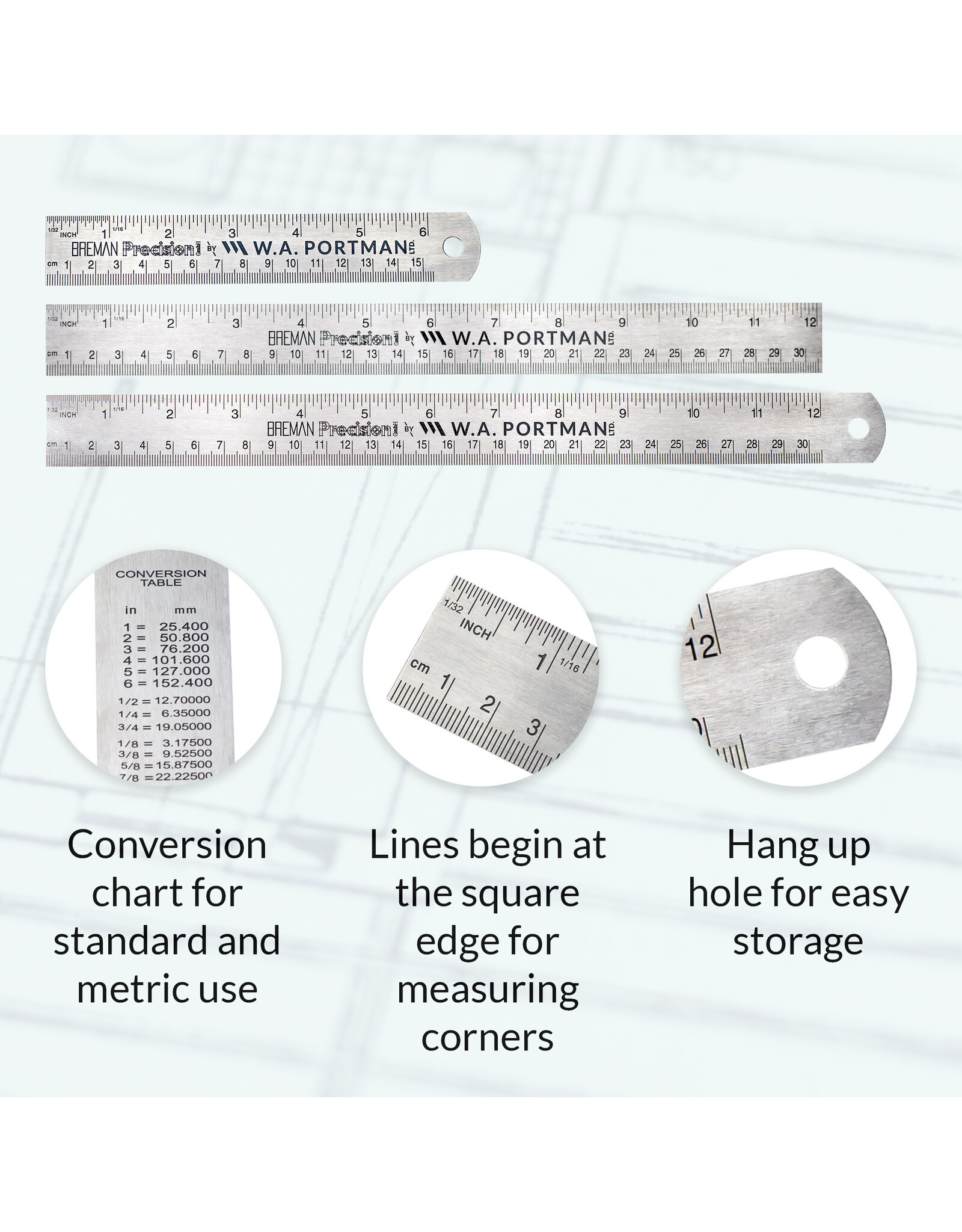 W.A. Portman WA Portman  3-Pack Metal Ruler Set - Metric Ruler Set - Metal Straight Edge