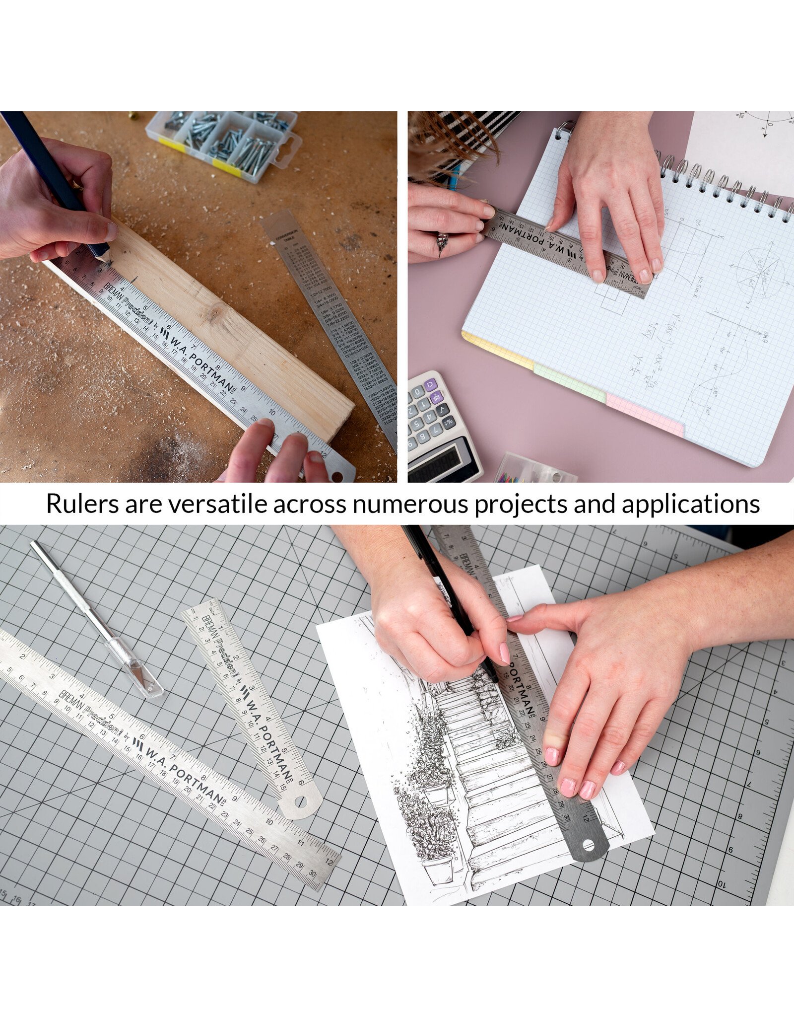 W.A. Portman WA Portman  3-Pack Metal Ruler Set - Metric Ruler Set - Metal Straight Edge