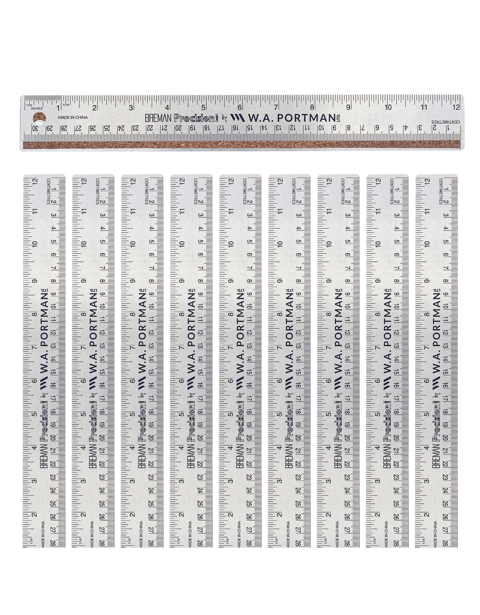 W.A. Portman WA Portman Metal Ruler 12 Inch Cork Back 10pk - Flexible & Non-Slip Stainless Steel Metal Ruler with Cork Backing