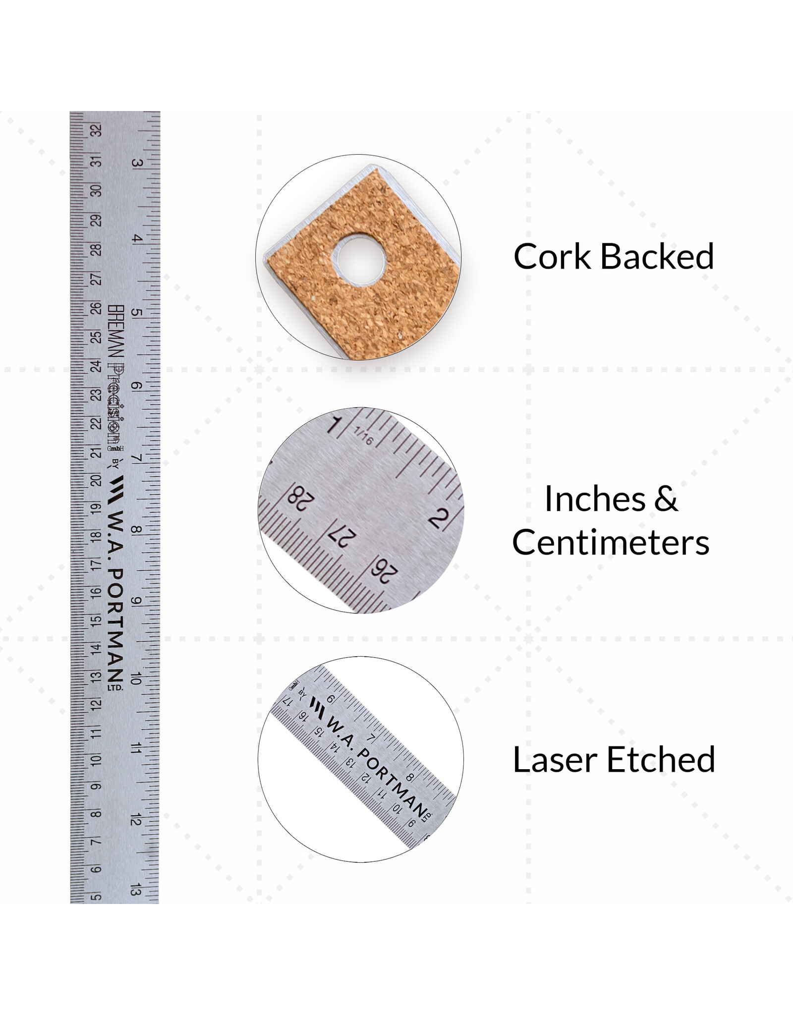 W.A. Portman WA Portman Metal Ruler 15 Inch Cork Back 10pk - Flexible & Non-Slip Stainless Steel Metal Ruler with Cork Backing