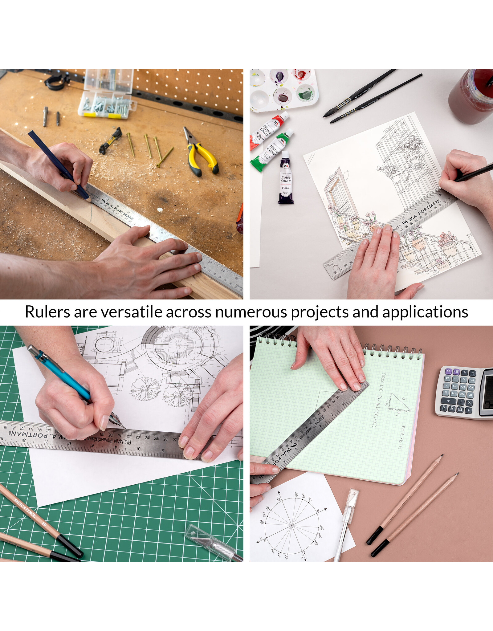 W.A. Portman WA Portman Metal Ruler 15 Inch Cork Back 10pk - Flexible & Non-Slip Stainless Steel Metal Ruler with Cork Backing