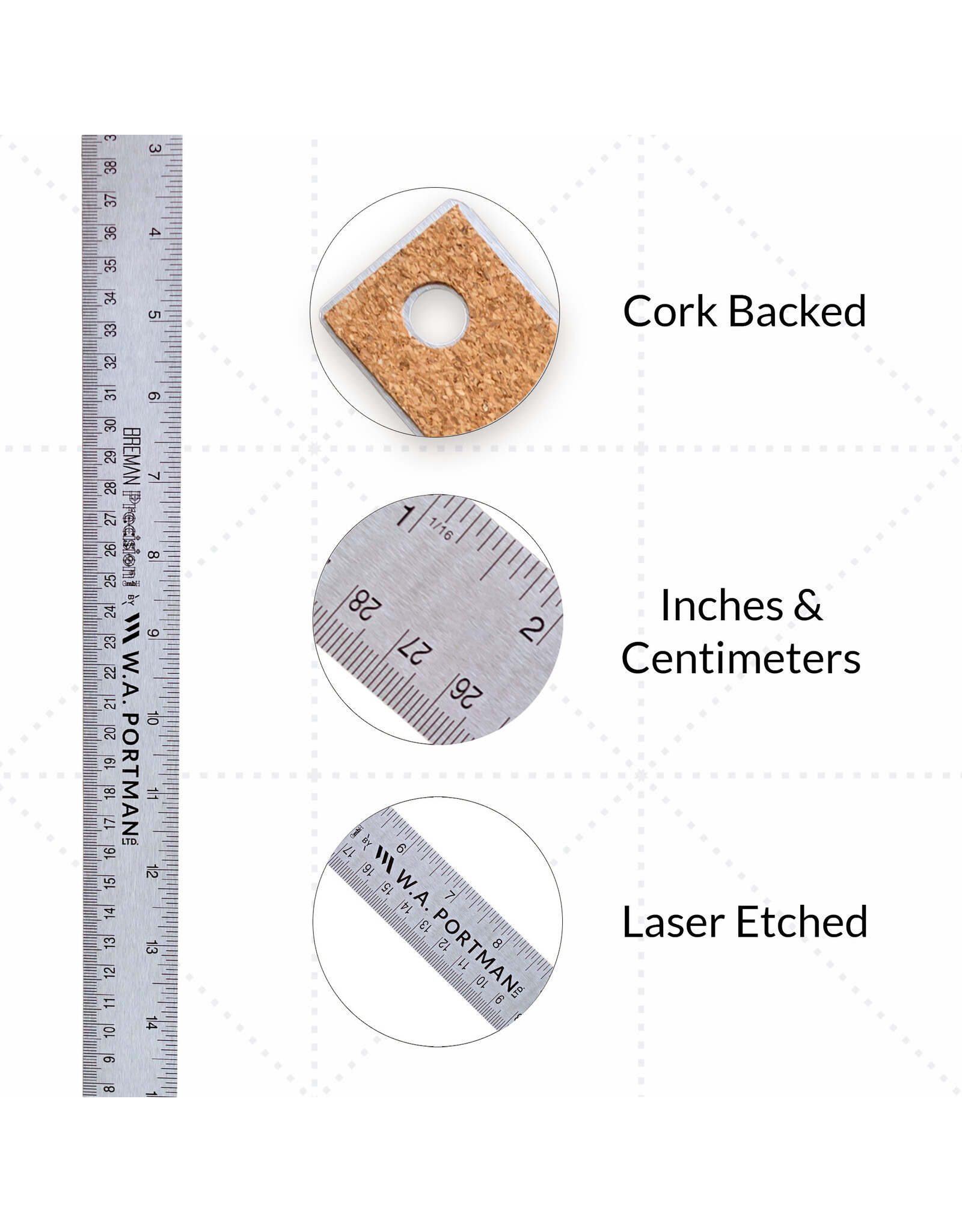 W.A. Portman WA Portman Metal Ruler 18 Inch Cork Back 10pk -  Flexible & Non-Slip Stainless Steel Metal Ruler with Cork Backing