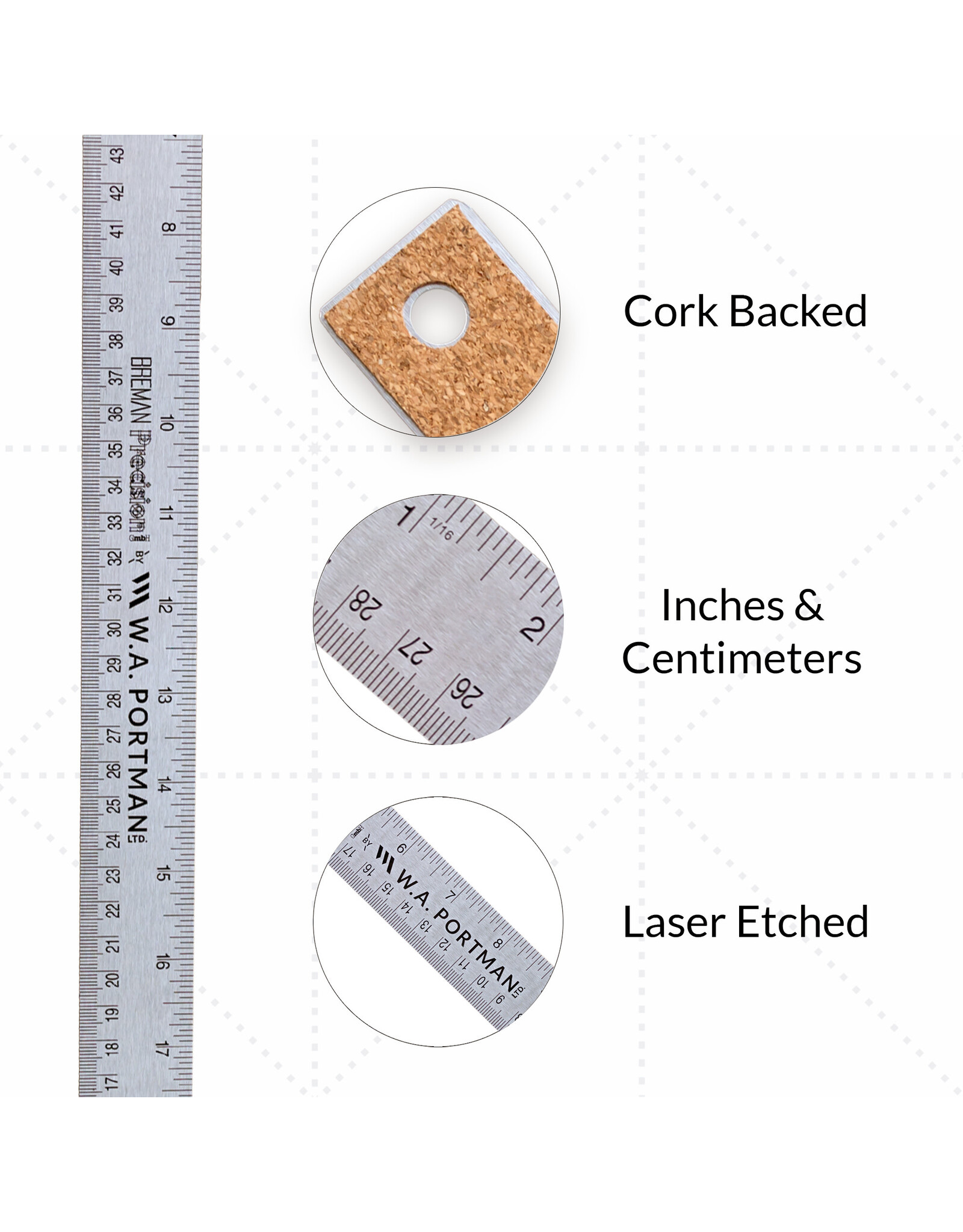 W.A. Portman WA Portman Metal Ruler 24 Inch Cork Back 1pk - Flexible & Non-Slip Stainless Steel Metal Ruler with Cork Backing