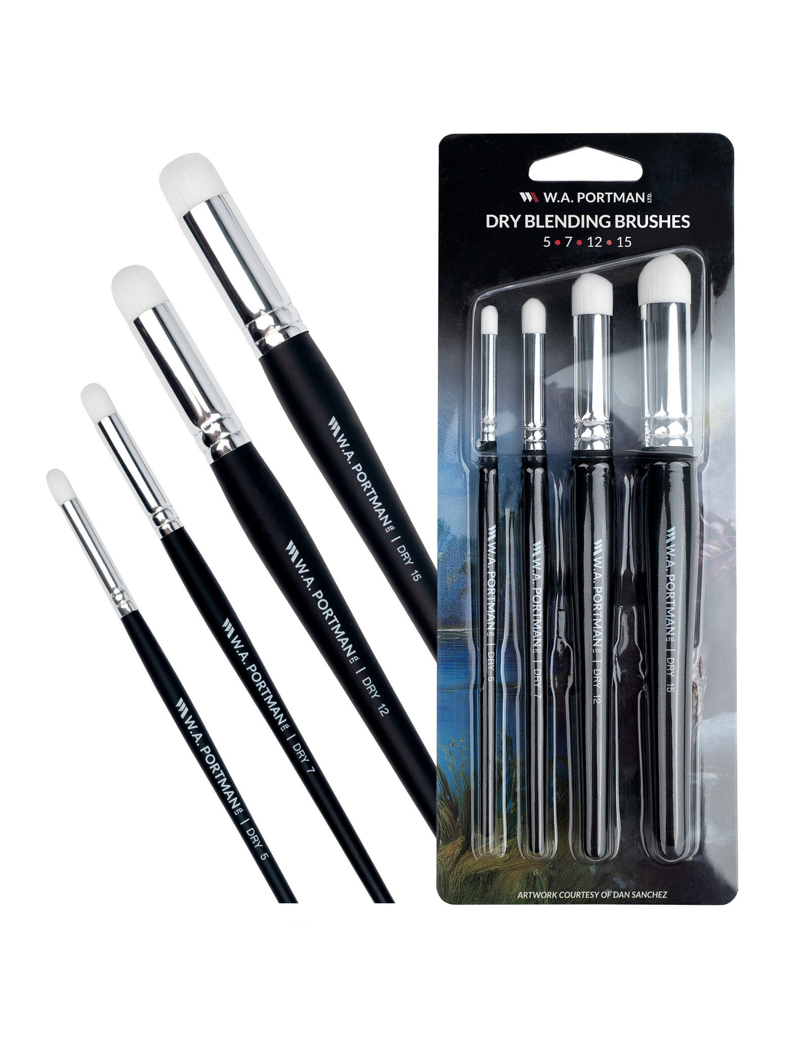 W.A. Portman WA Portman Blending Brush Set – 4pc Synthetic Acrylic Blending Brushes for Dry Brush Miniature Painting – Ideal for Pastels, Charcoal, Watercolor, Ink & Acrylics