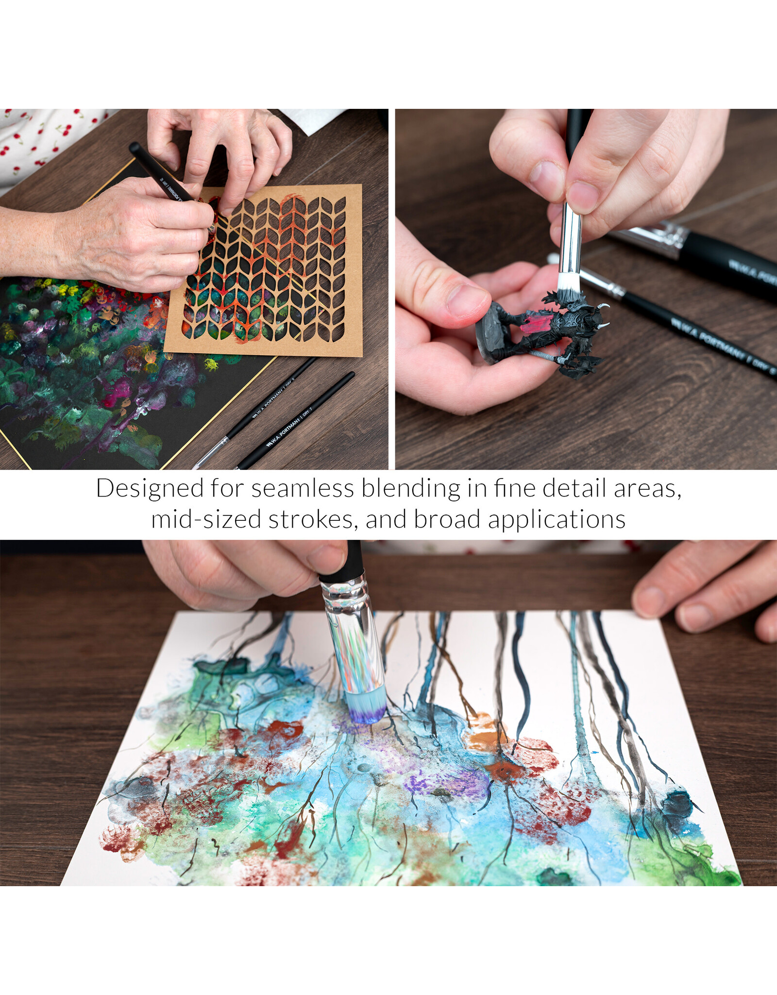 W.A. Portman WA Portman Blending Brush Set – 4pc Synthetic Acrylic Blending Brushes for Dry Brush Miniature Painting – Ideal for Pastels, Charcoal, Watercolor, Ink & Acrylics