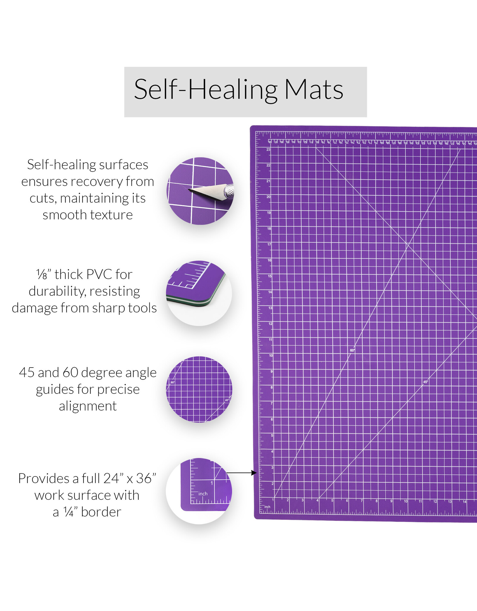 W.A. Portman WA Portman 24x36 Inch Self Healing Cutting Mat – 2-Sided 5-Ply PVC Purple/Gray Cutting Mats for Crafts with Non-Slip Surface & Precise Grid Lines