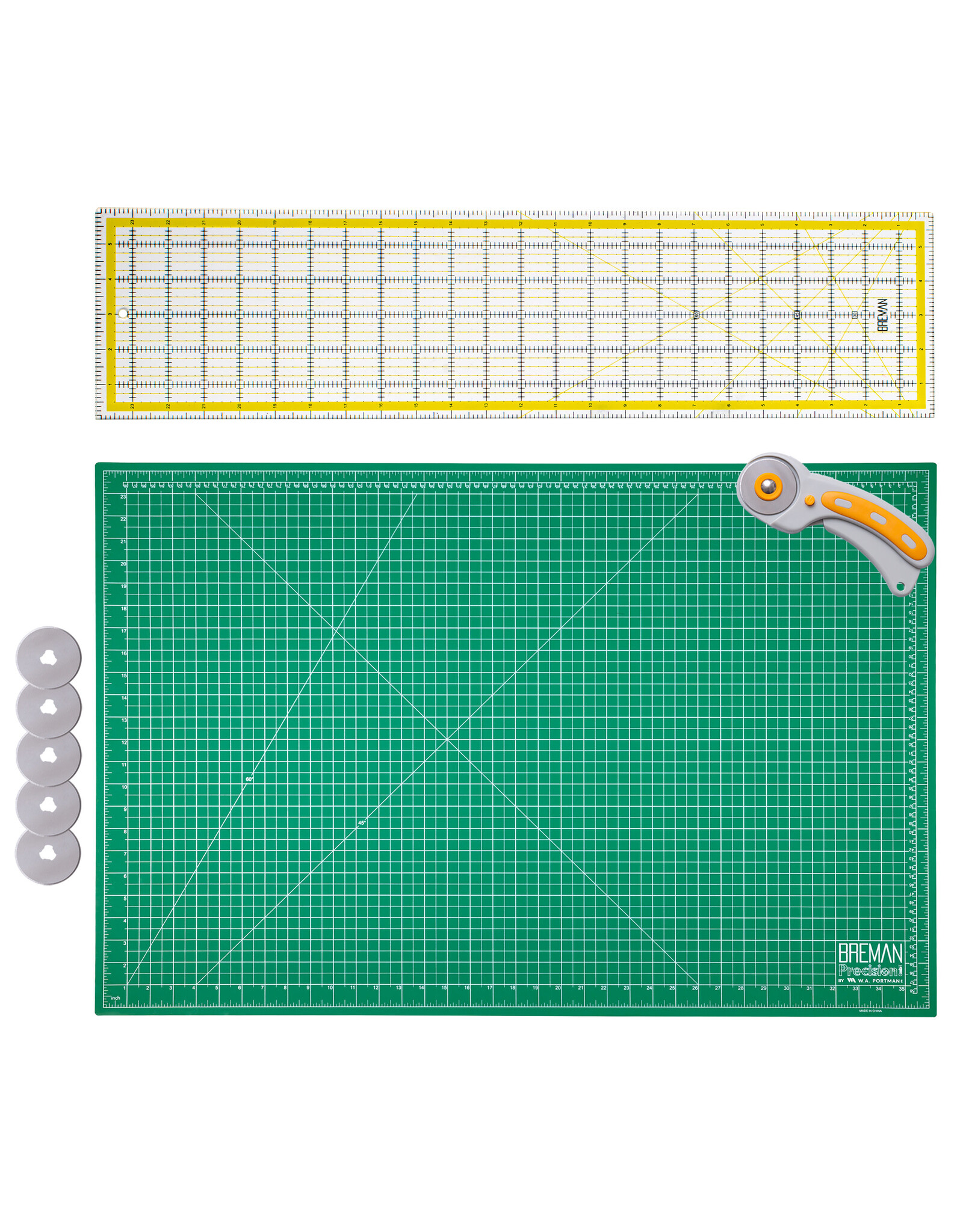 W.A. Portman WA Portman 24x36" Self Healing Cutting Mat & 45mm Rotary Cutter Set with 5 Extra Blades – 6x24 Acrylic Quilting Rulers
