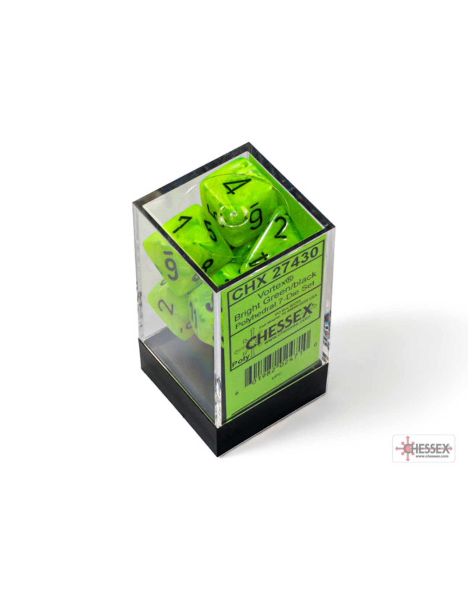 Chessex Vortex Polyhedral Bright Green/Black  7-Dice Set