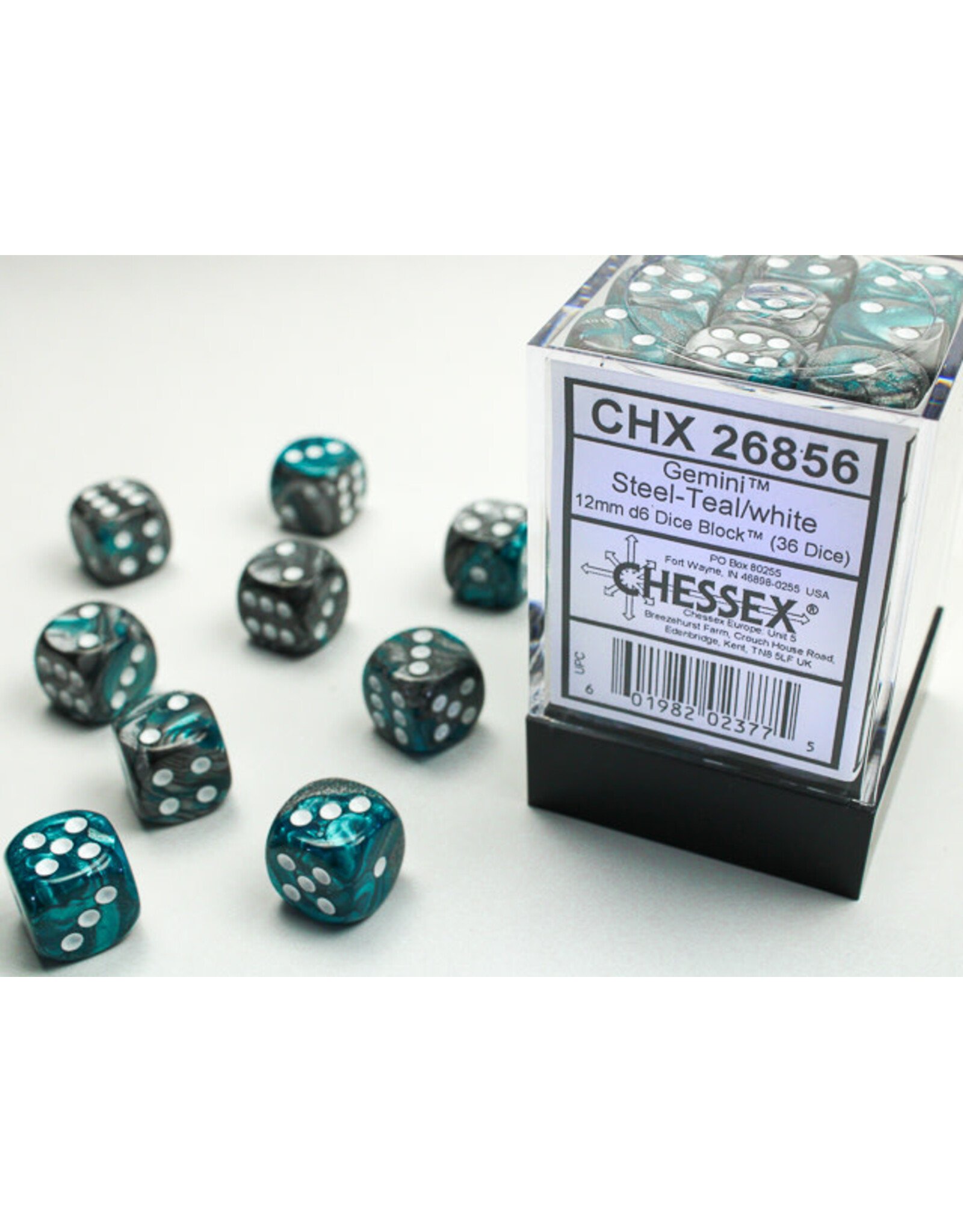 Chessex Gemini® 12mm d6 Steel-Teal/White Dice Block™ (36 dice)