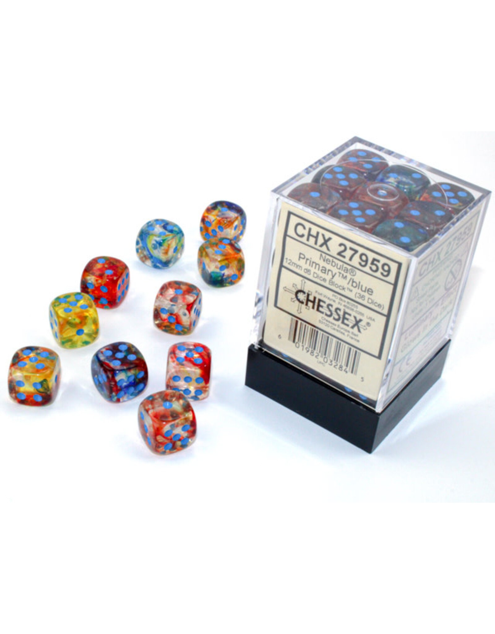Chessex Nebula Primary/Blue Luminary 12mm d6 Dice Block (36 dice)