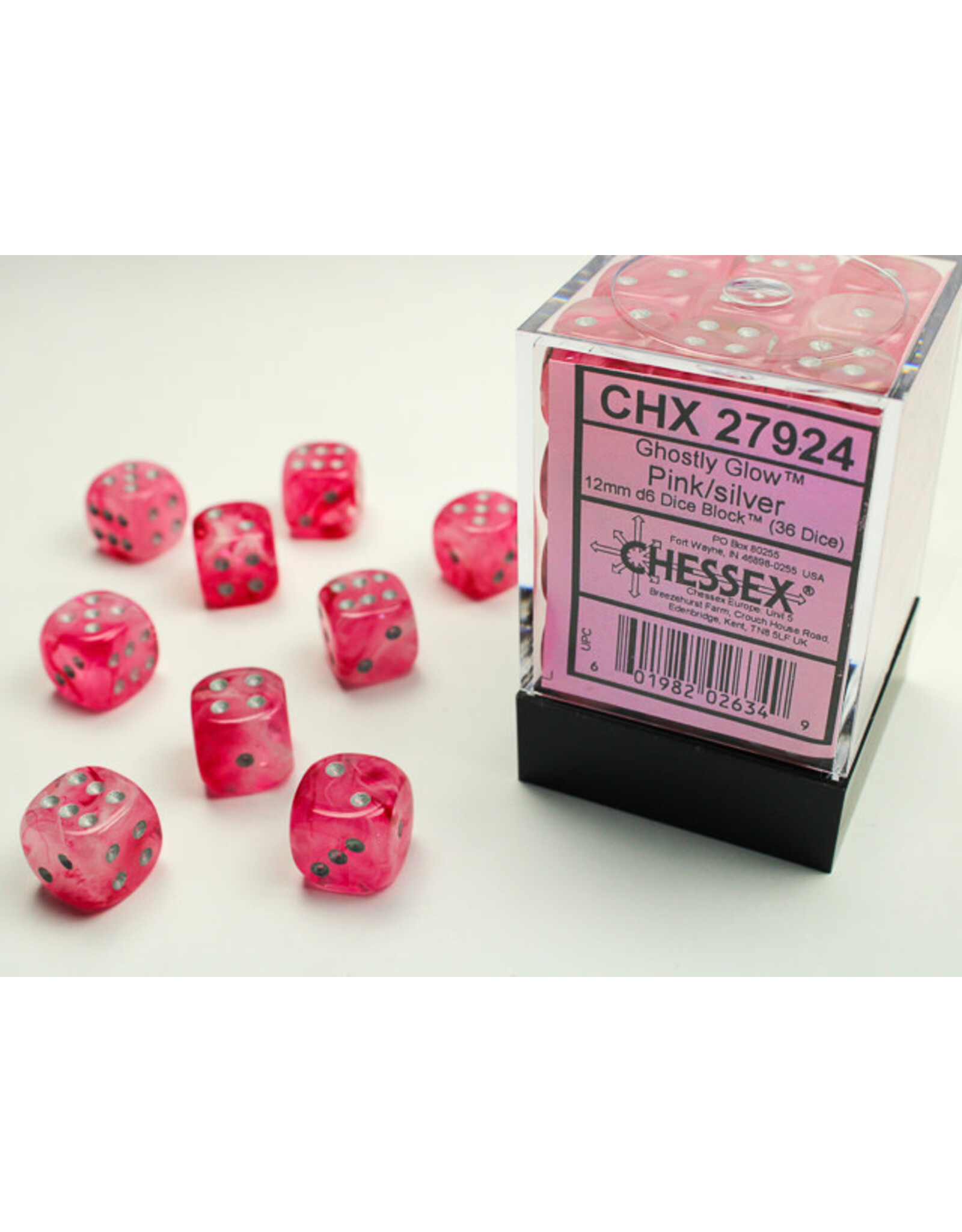 Chessex Ghostly Glow Pink/Silver 12mm d6 Dice Block (36 dice)