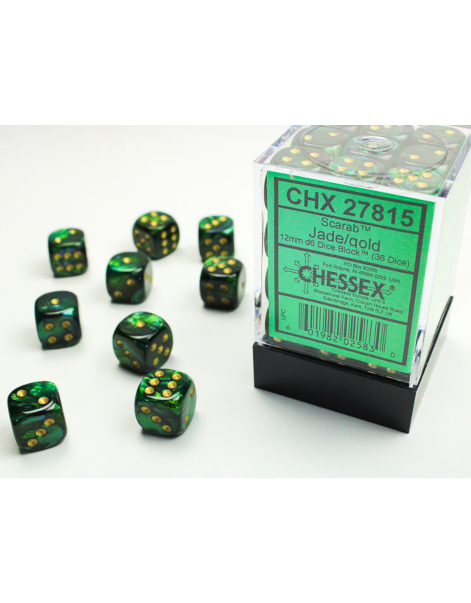 Chessex Scarab Jade/Gold 12mm d6 Dice Block (36 dice)