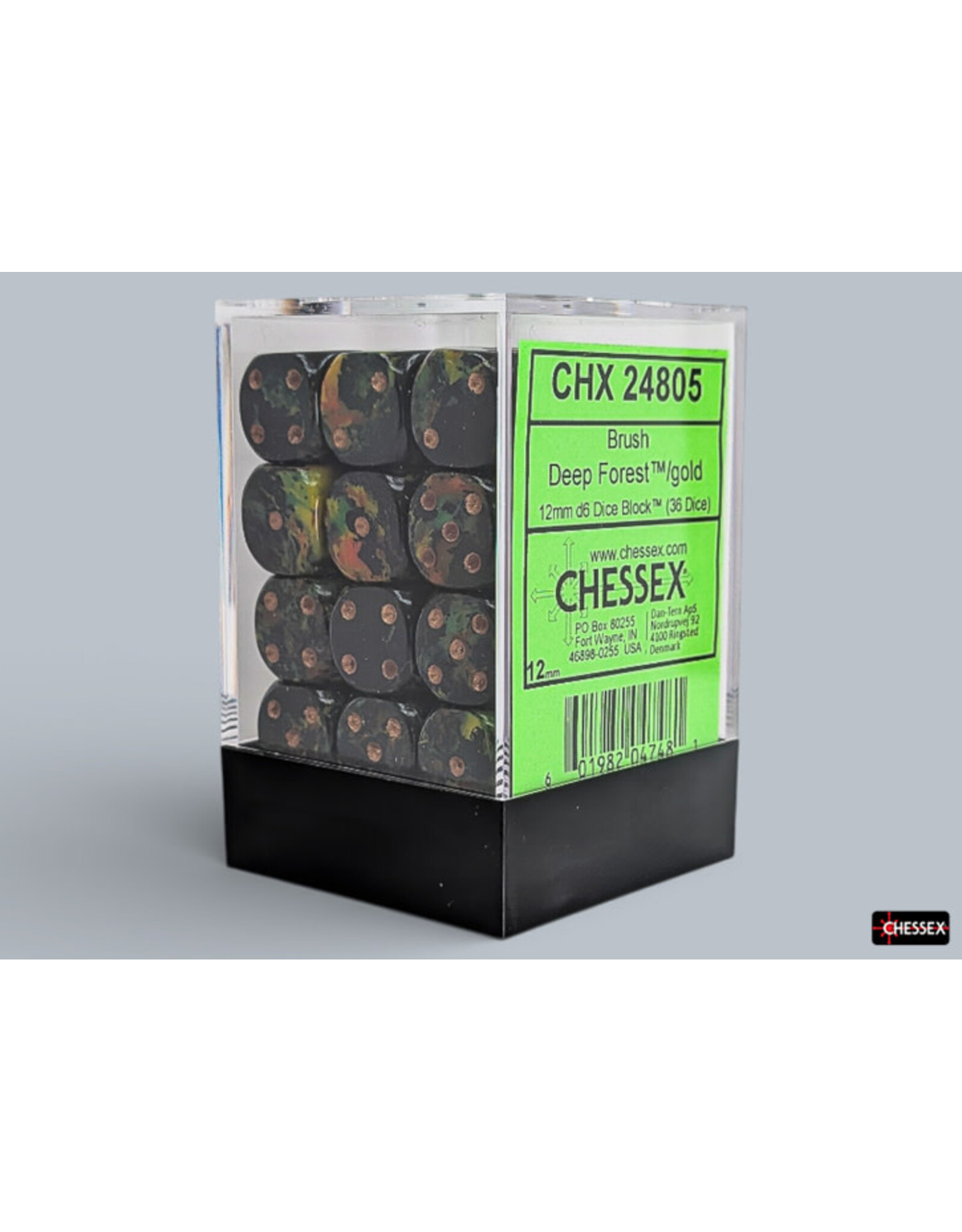 Chessex Brush Deep Forest/Gold 12mm d6 Dice Block (36 dice)