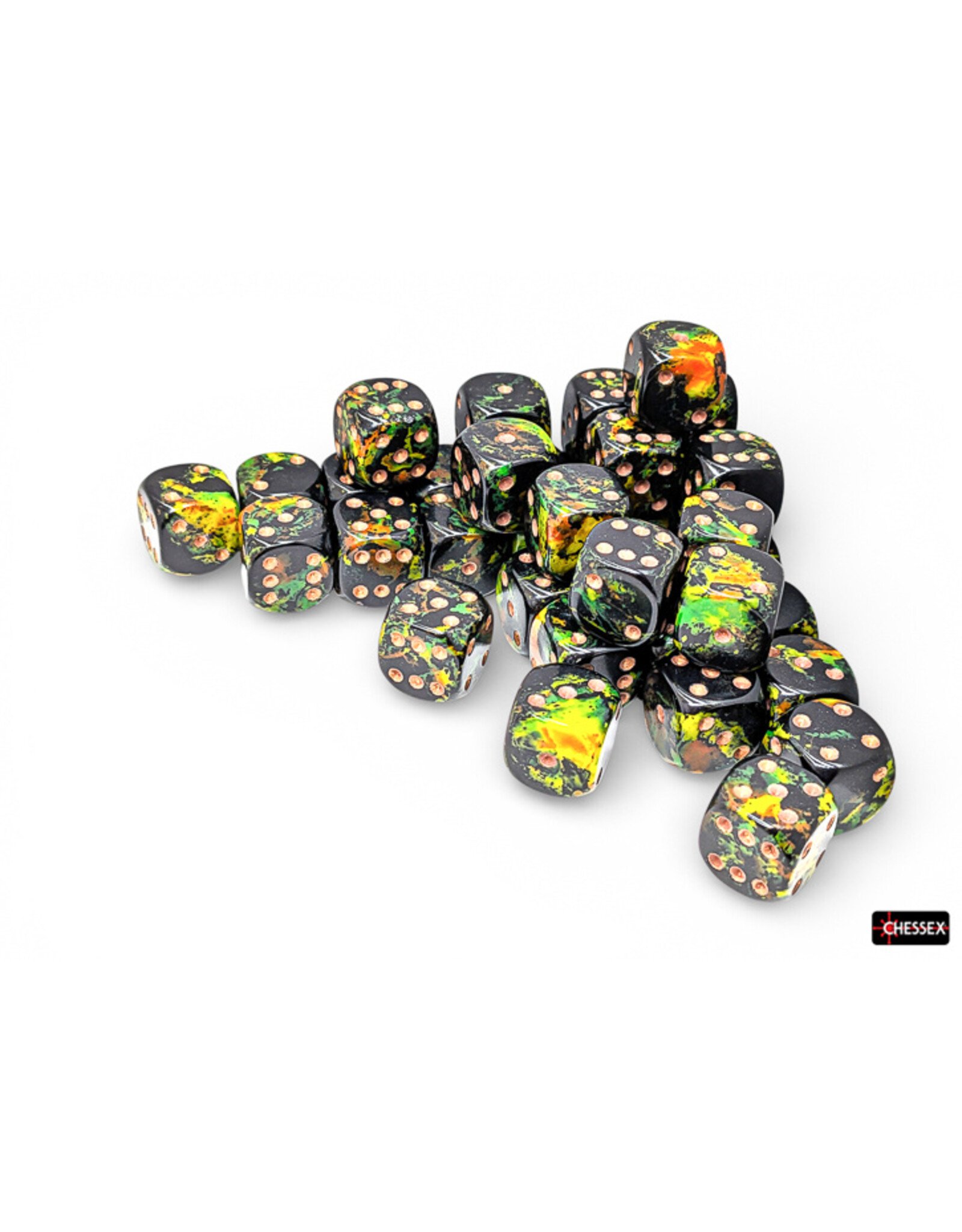 Chessex Brush Deep Forest/Gold 12mm d6 Dice Block (36 dice)