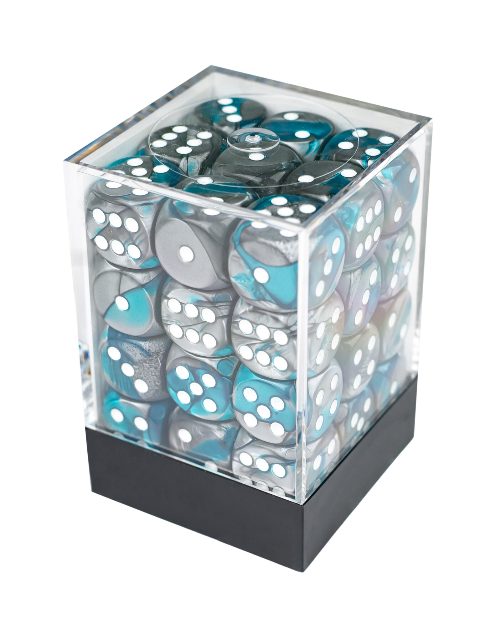 Chessex Gemini® 12mm d6 Steel-Teal/White Dice Block™ (36 dice)