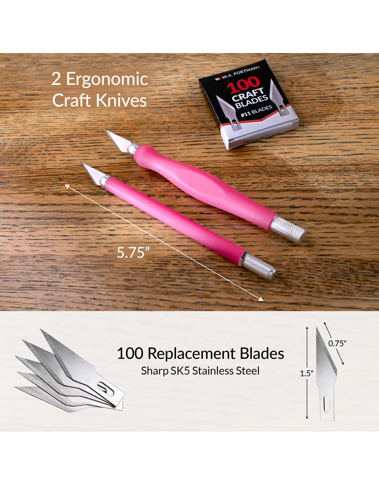 W.A. Portman WA Portman 2-Piece Pink Craft Knife Set – Hobby Knife Set with Comfort Grip & 100 #11 Craft Blades