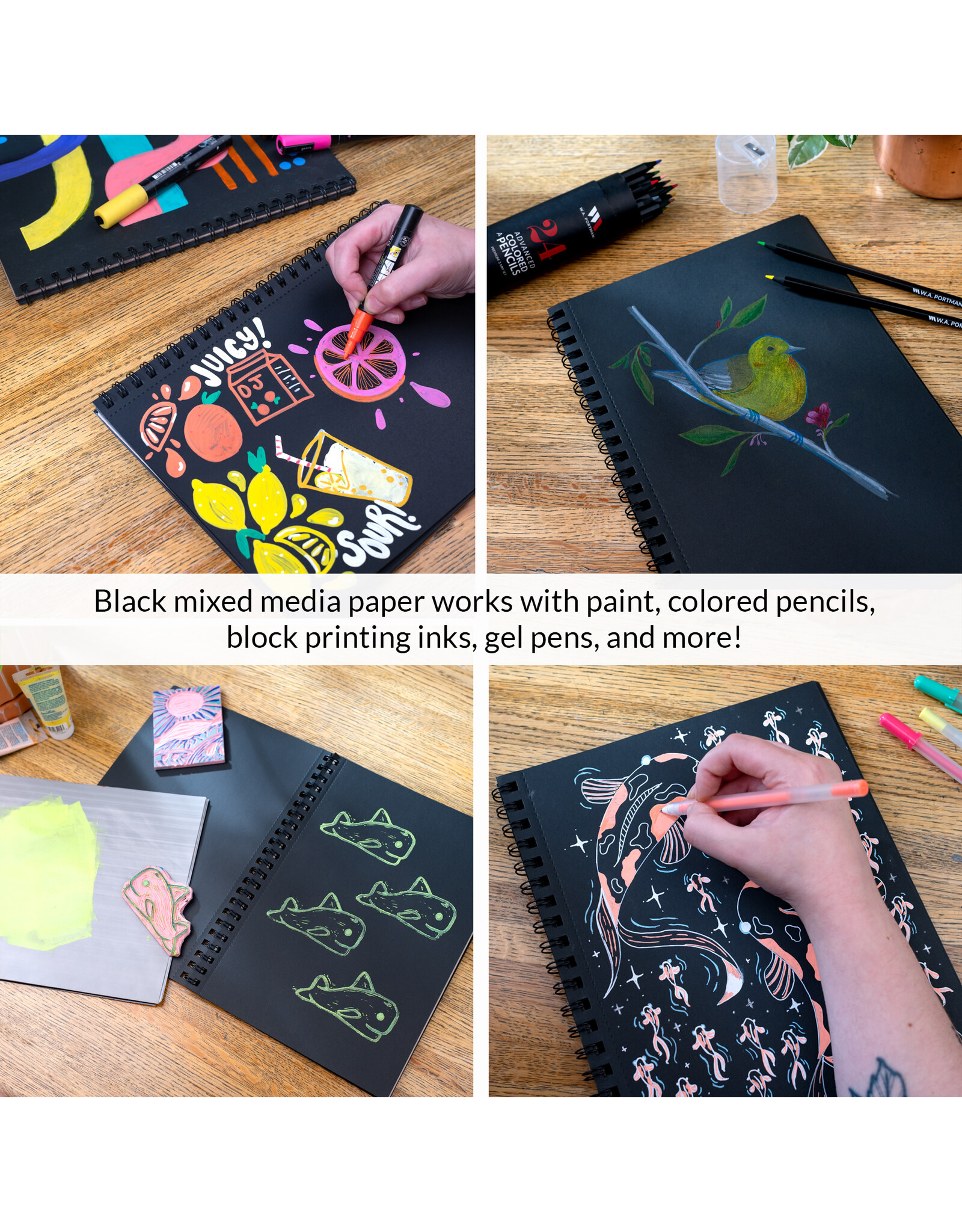 W.A. Portman WA Portman Black Paper Sketchbook A4 (8.3" x 11.7") – 60 Pages (30 Sheets) 140 GSM Acid-Free Black Book Marker Paper