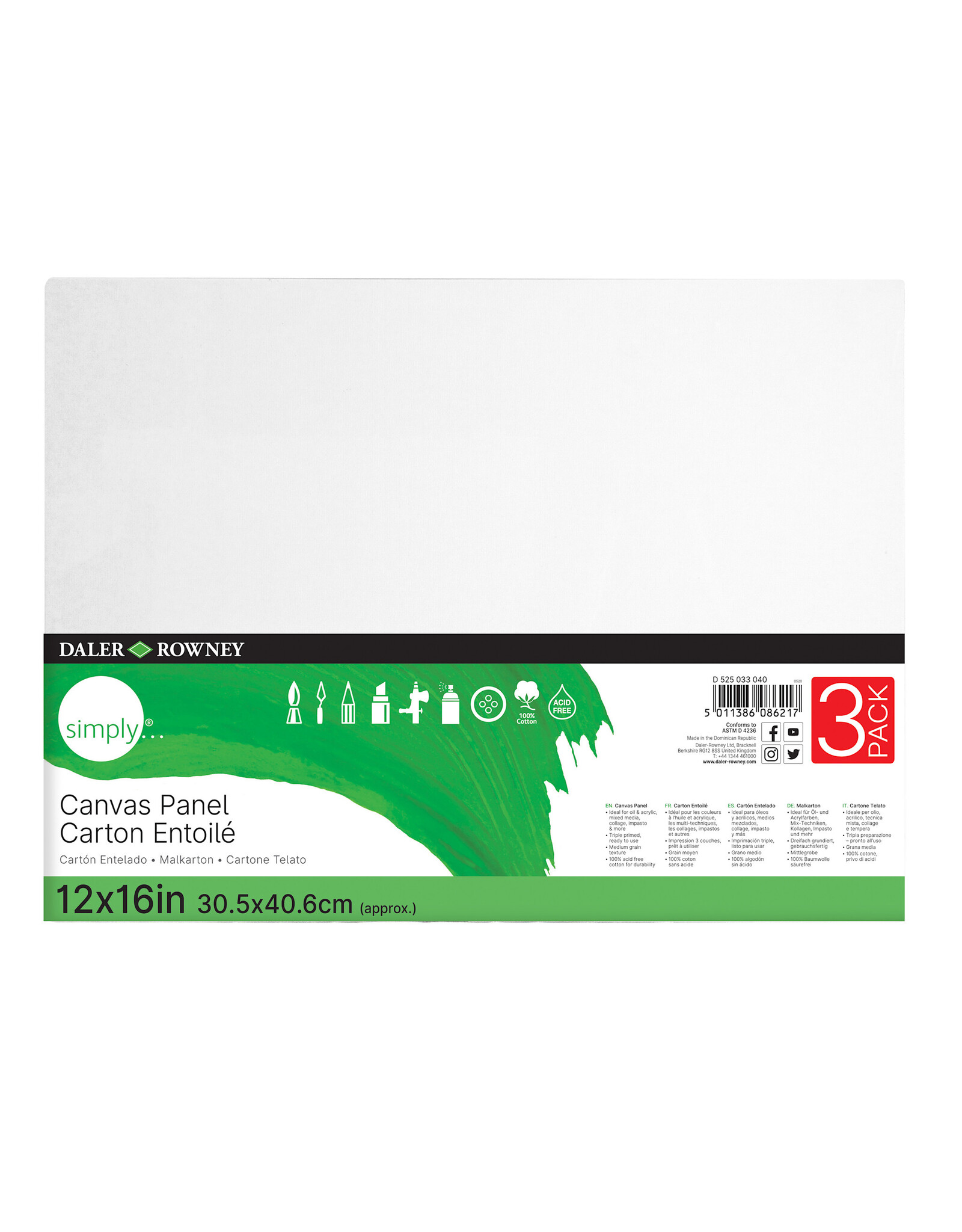 Daler-Rowney Simply Canvas Panels 12" x 16"  3 Pack