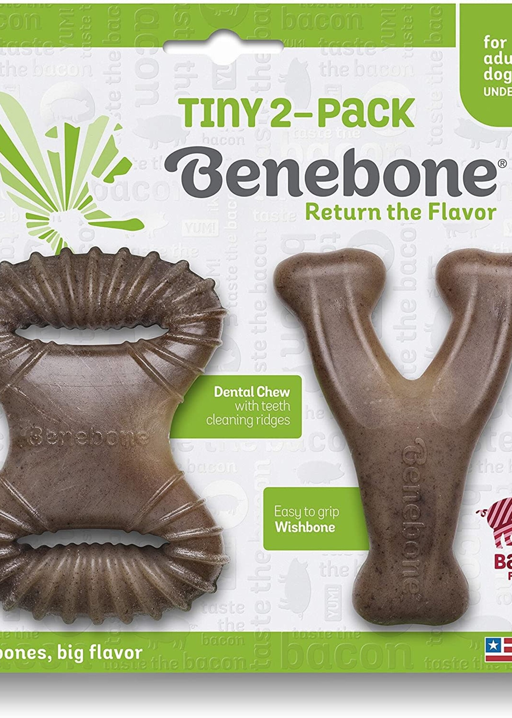 Benebone Benebone Bacon Flavor Tiny 2-Pack Dental Chew & Wishbone Tough Dog Chew Toy