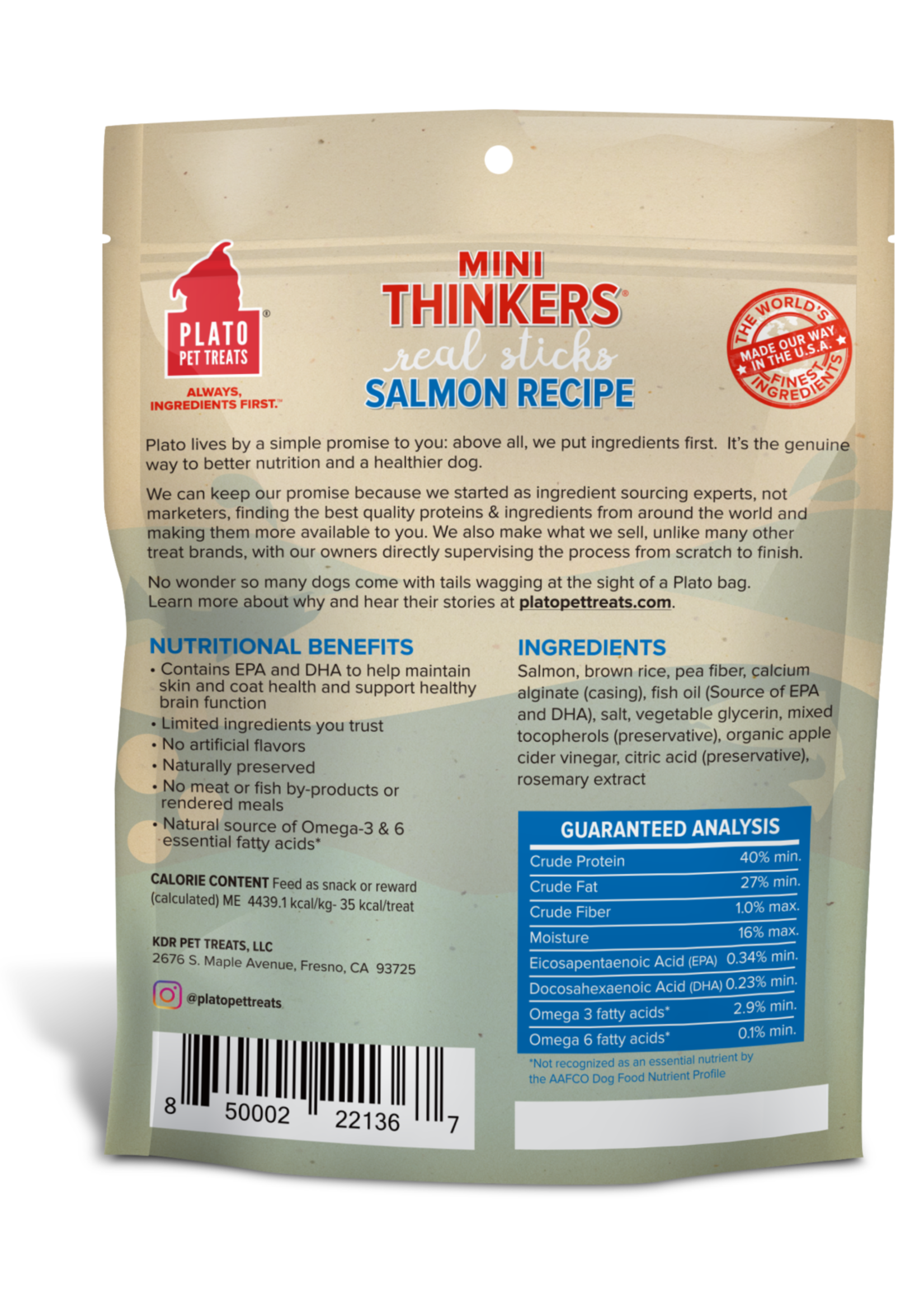 Plato Pet Treats Plato Pet Treats Mini Thinkers Salmon Recipe Meat Sticks Dog Treats 6-oz