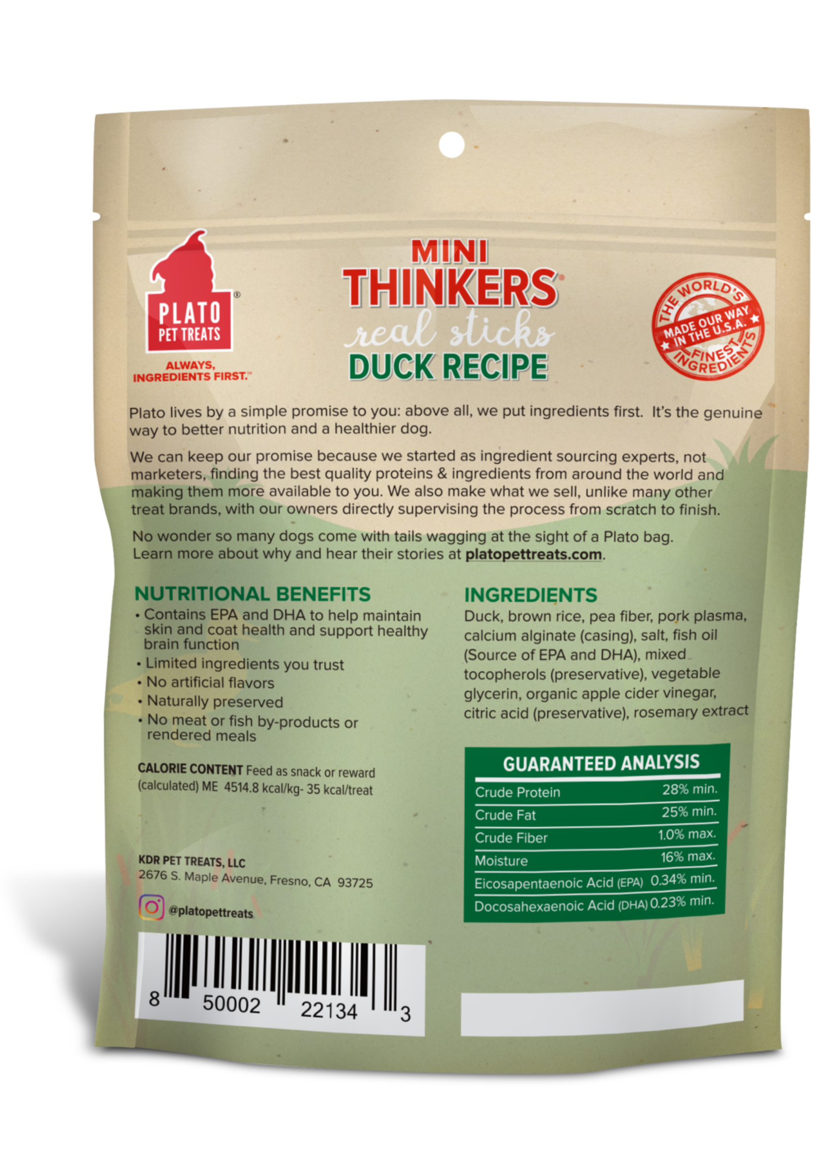 Plato Pet Treats Plato Pet Treats Mini Thinkers Duck Recipe Meat Sticks Dog Treats 6-oz