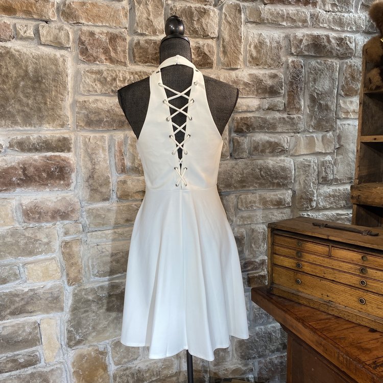 Aqua White Halter Lace Fit and Flare Dress