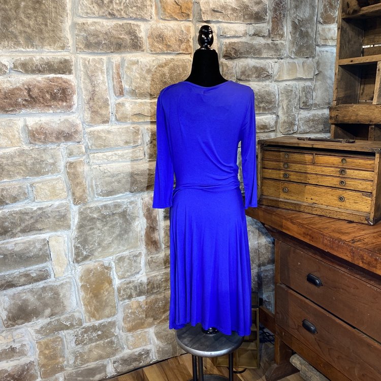 Meaneor Royal Blue 3/4 Sleeve Casual A-Line with Ruched Band Dress, Size S