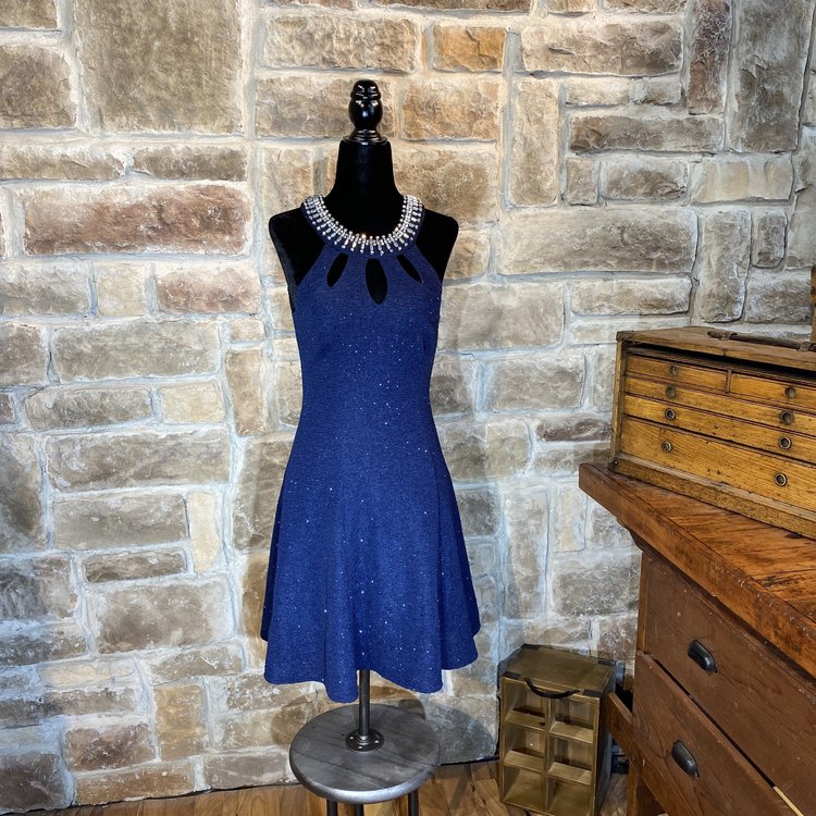 Betsy & Adam Navy Shimmer Key Hole Halter Dress, Size S
