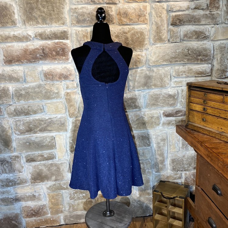 Betsy & Adam Navy Shimmer Key Hole Halter Dress, Size S