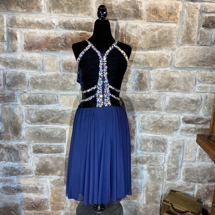 Glamour Blue Halter Neck Cut Out Jeweled Dress, Size 6