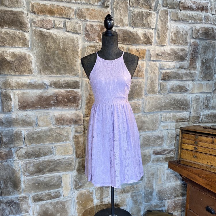 Aqua Lavender Lace Pleated High Neck Cocktail Dress, Size S