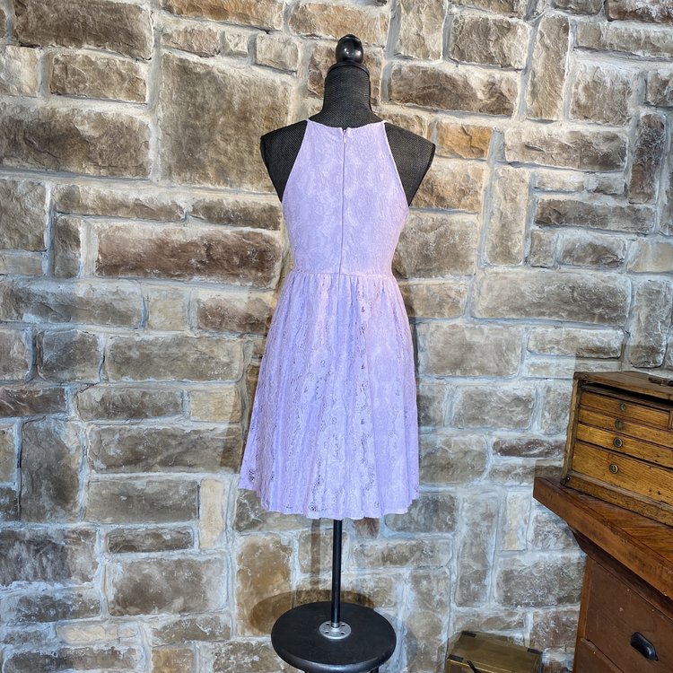 Aqua Lavender Lace Pleated High Neck Cocktail Dress, Size S