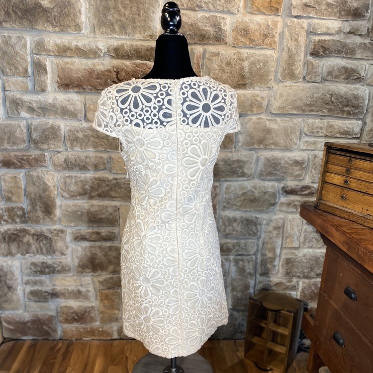 Sandra Darren Beige Daisy Embroidered Sheath Dress, Size 6