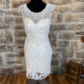 Beige Pearl Embellished Lace Dress, Size S