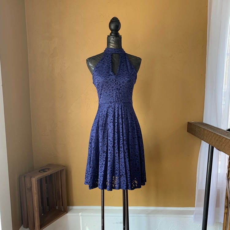 Aqua Navy High Neck Lace Skater with Keyhole, Size L