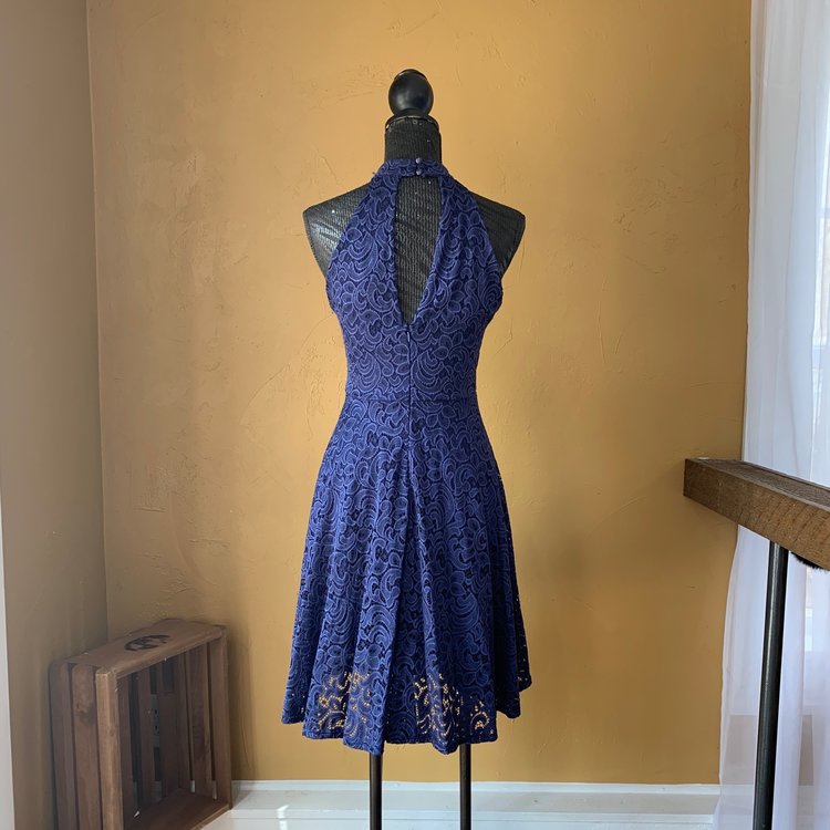 Aqua Navy High Neck Lace Skater with Keyhole, Size L