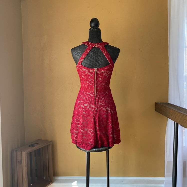 Aqua Maroon Lace Fit and Flare Dress, Size L