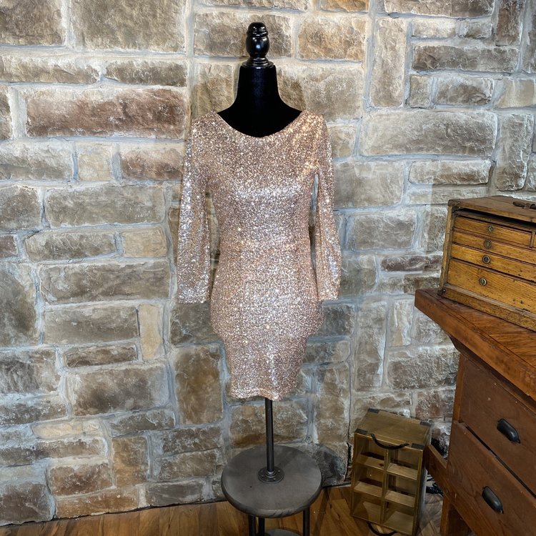 Rose Gold Sequined 3/4 Sleeve Cocktail Dress, Size XS