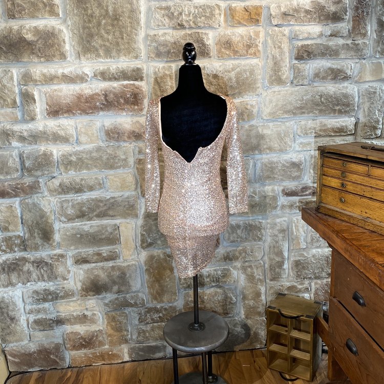 Rose Gold Sequined 3/4 Sleeve Cocktail Dress, Size XS