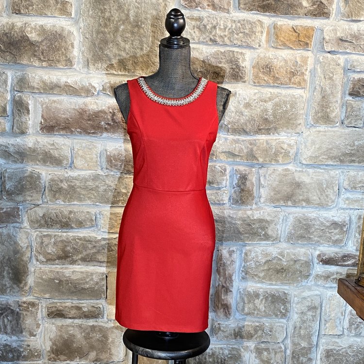 Red Sheath with Bling Collar Dress, Size 7