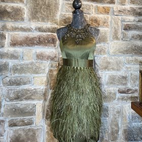 Sue Wong Olive Green Feather Dress, Size M